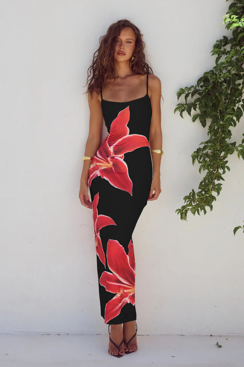 Alyssa - Flower Printed Back Slit Dress