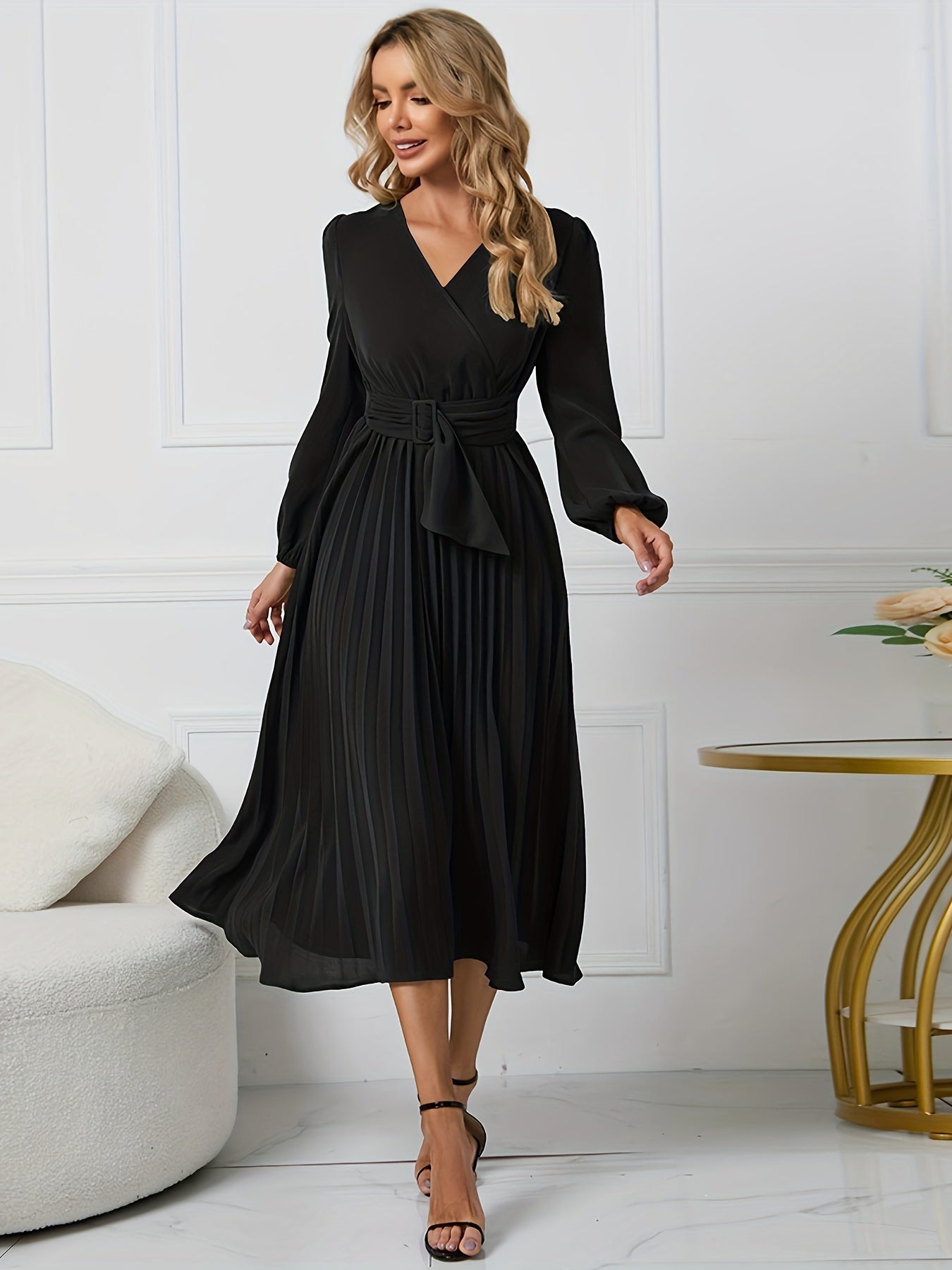 Angela - Plain midi dress with neckline and belt