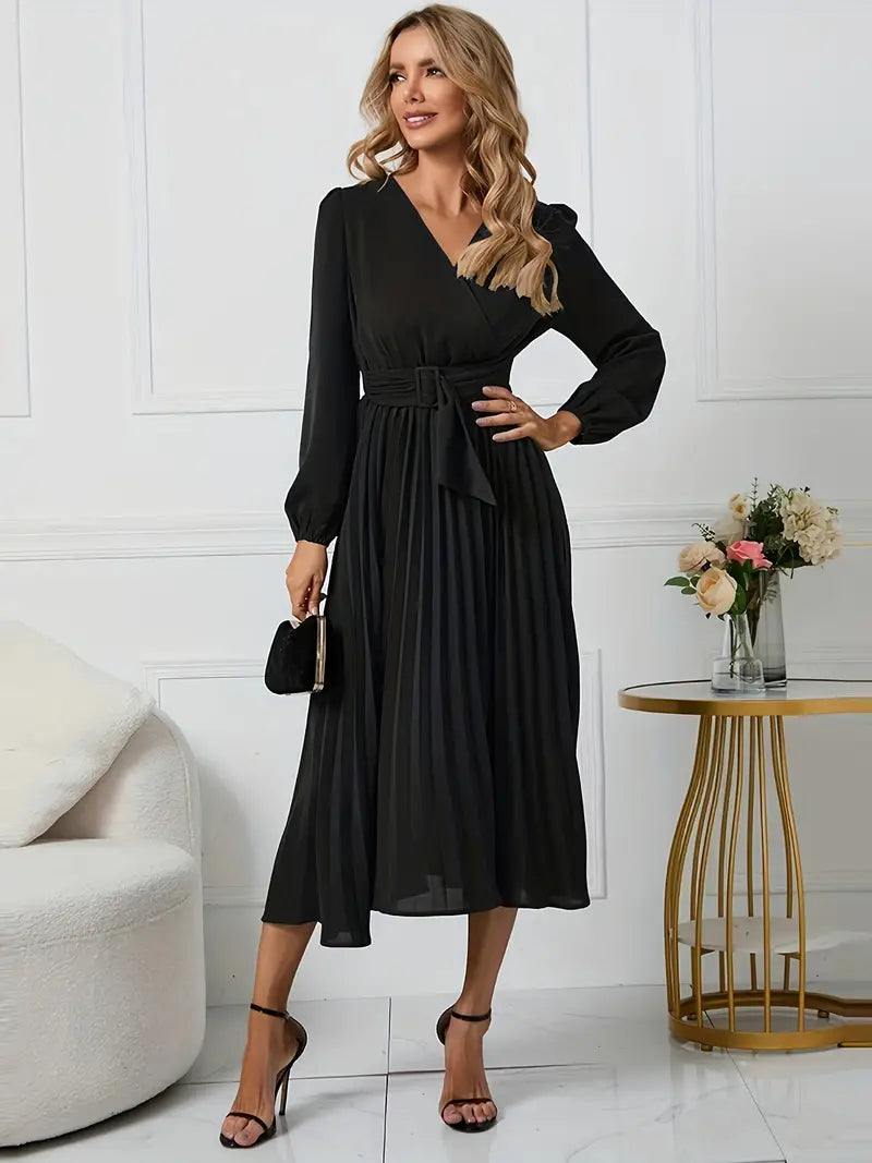 Angela - Plain midi dress with neckline and belt